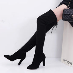 Hnewly Women Spring Autumn New Fashion Side Zipper Long Boots Were Thin High-heeled Thick Suede Over-the-knee Ladies Black Gray Shoes