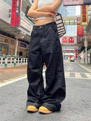 Hnewly Grunge Black Jeans Women Y2k Vintage Oversized High Street Wide Cargo Denim Trousers Casual Baggy Straight Denim Pants