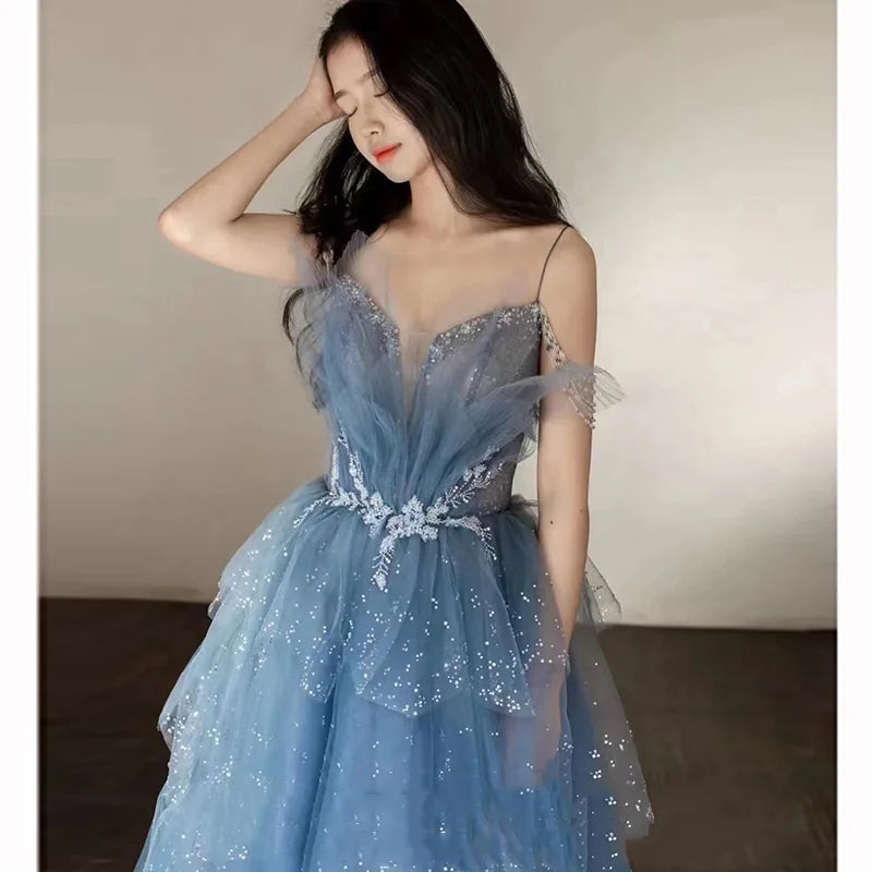 Blue Spaghetti Strap Evening Dress Luxury Tulle Applique Princess Cake   Gown Sexy Illusion Backless Long Quinceanera Dresses