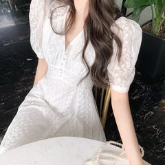 Hnewly DRESS TO IMPRESS Elegant V-neck Midi Dress Women Summer Puff Sleeve White Casual Party Dress Female Office Kawaii Lace One-piece Dress Korean Y2k