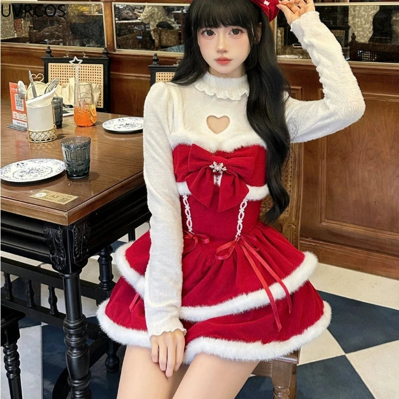 Hnewly NEW YEAR DRESS TO IMPRESS Japanese Kawaii Lolita Dress Sets Women Hooded Shawl Short Jackets Bow Mini Skirt Korean Style Sweet Red Christmas New Year Suit