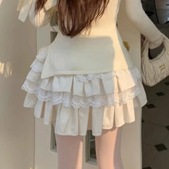 Hnewly Fairycore Skirt Women y2k Clothes Lace Trim Elastic Waist A-line Layered Ruffle Mini Skirts Party Skirts Streetwear