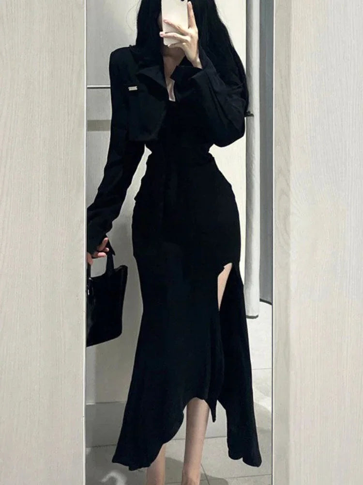 Hnewly French Vintage Gothic V Neck 2 Piece Sets Women Autumn Solid Y2k Open Fork Dress+ Black Elegant Coat Female 2000s Chic Clothes