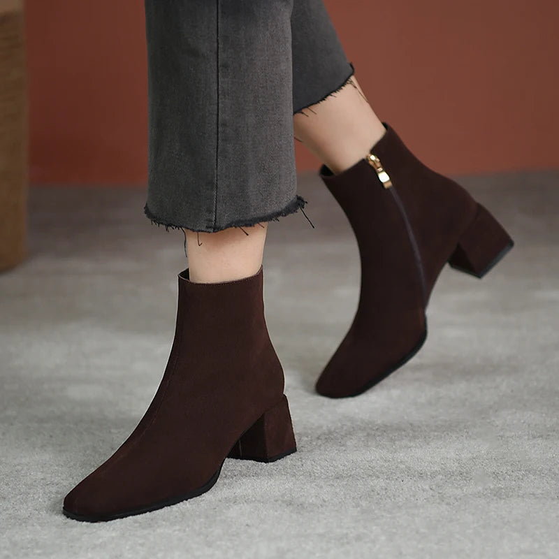 Hnewly Vintage Suede Women Ankle Boots Fashion Thick Heel Short Booties Autumn Winter Women's Shoes