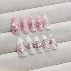 Hnewly 24pcs Sweet False Nail Patches Detachable Fake Nail Tips With Bowknots Love Heart Pearl Design Pink Almond Korean Press On Nail