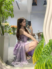 Hnewly DRESS TO IMPRESS Purple Sexy Elegant Mini Dress Women 2024 Summer Irregular Floral Y2k Vintage Strap Dress Female Folds Design Short Party Dress