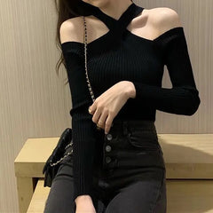 Hnewly Women Cross Neck Halter Sweater Off Shoulder Jumpers Knit Long Sleeve Warm Pullovers Casual Sweater Women Autumn Winter