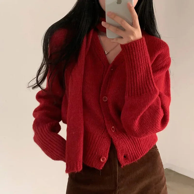 Hnewly xmas outfits Simple Christmas Sets Knitted Cardigan Women French Chic Solid Scarf Long Sleeve V Neck Female Sweater Coat Autumn Knitwear Tops