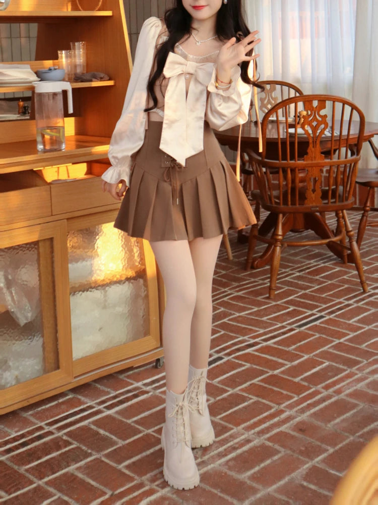 Hnewly DRESS TO IMPRESS Korean Style Fairy Two Piece Set Women France Vintage Blouse + Bandage Mini Skirt Female Sweet Elegant Party Mini Skirt Set