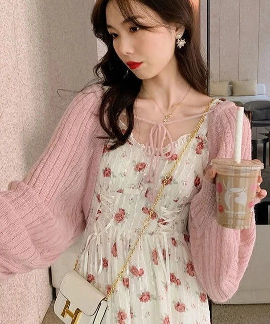 Hnewly Floral Elegant Slip Dress Women Belt Designer Korean Fashion Party Dress Female Casual Vintage Chic Summer One-piece Dress