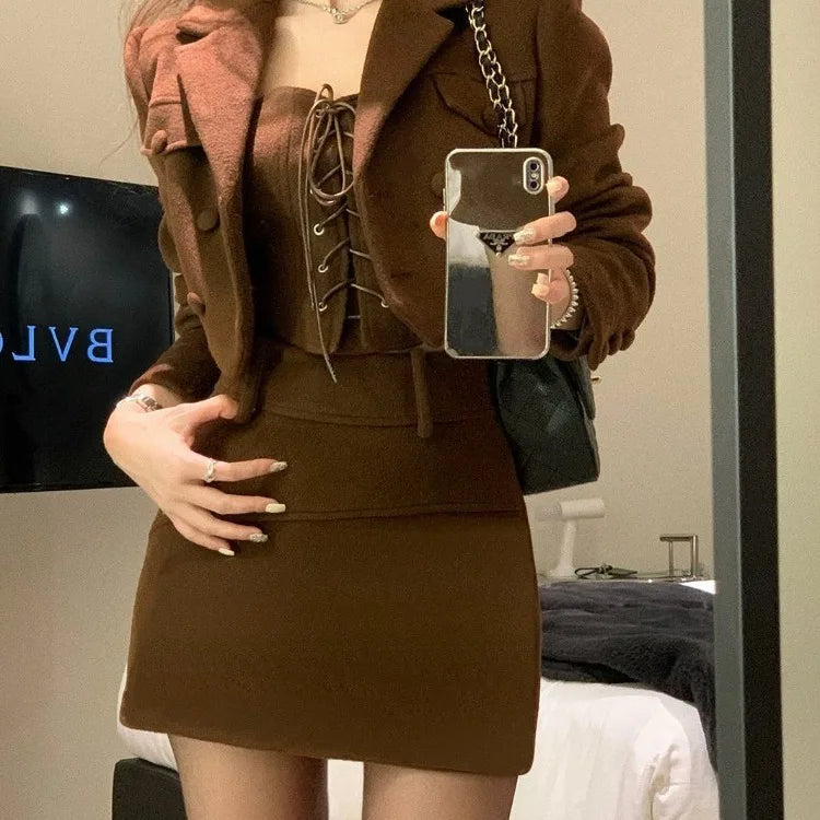 Hnewly Elegant Fashion Long Sleeve Coat Women+ Sexy Slim Fit Camisole Tops+ Y2k High Waist Bodycon Skirts Sping New Three Piece Sets