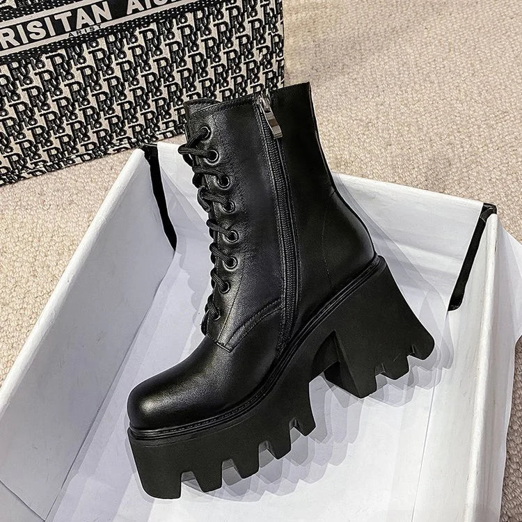 Hnewly Punk Goth Ankle Boots Women Black Chunky Wedge Platform Shoes Woman Lace Autumn Patent Leather Footwear Lady Botas Mujer