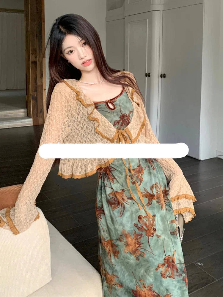 Hnewly DRESS TO IMPRESS Vintage Elegant Floral Slip Dress Women Hollow Out Designer Korean Velvet Long Dress Female Autumn Matching Two Piece Dress Set