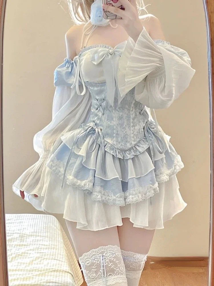 Hnewly DRESS TO IMPRESS Autumn Blue Lolita Clothing Suit Slim Vest + Kawaii Y2k Mini Dress Elegant Short Party Dress Japanese Style Fashion Suit