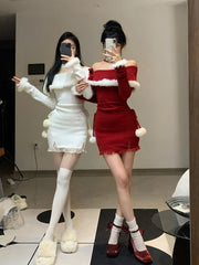 Hnewly Christmas New Years Bodycon Knitted Mini Dress Women Casual Long Sleeve Sweet Elegant Even Party One Piece Dress Korean Fur