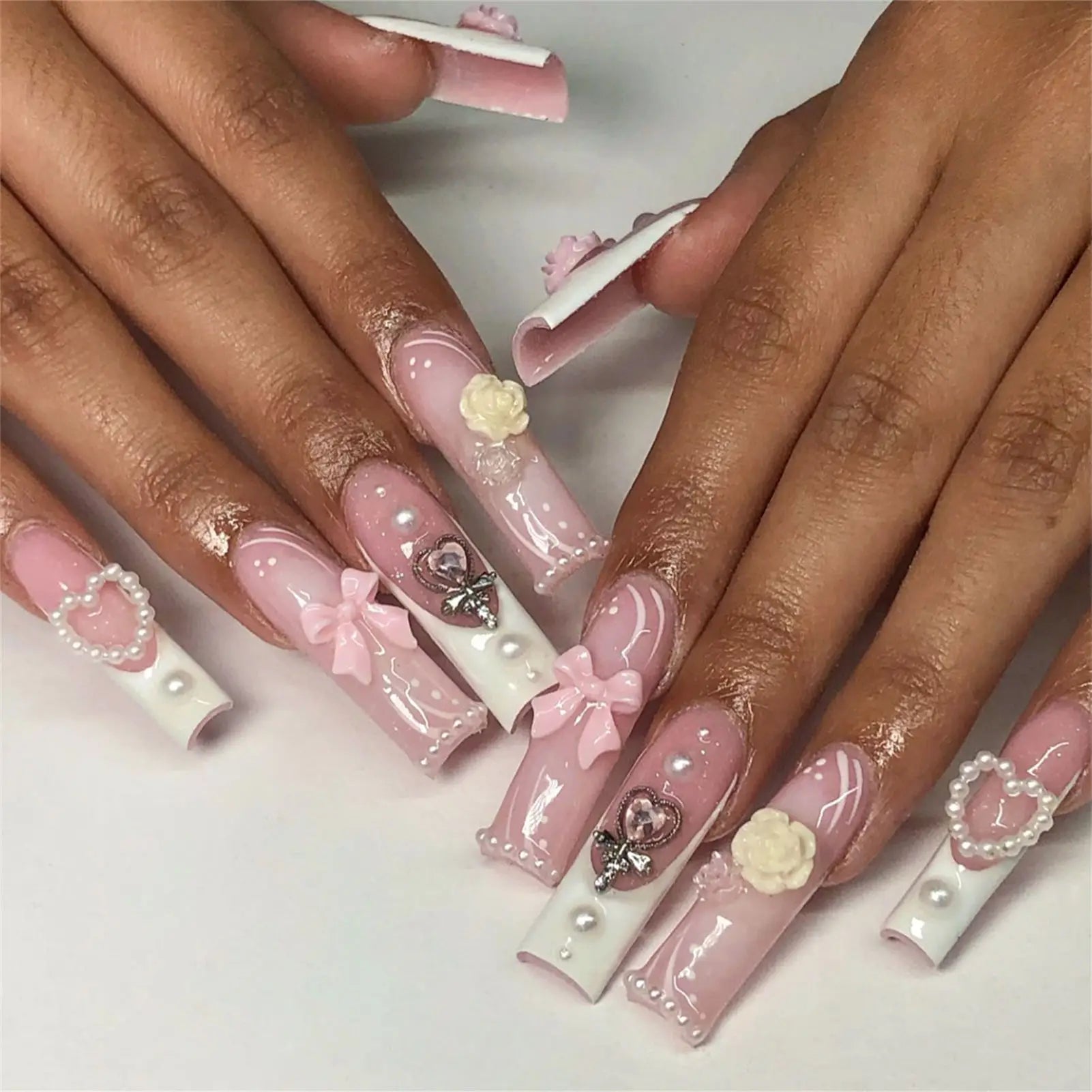 Hnewly Medium Length Fake Nails 3D Flower Pearl Designs Nude Pink Color Press on Nails Ballerina False Nails for Women DIY Manicure