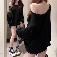 Hnewly Solid Oversized T-shirt for Women's Casual Loose Top Fashion Bat Sleeves Simple Sexy Off Shoulder Korean Baggy T shirts Autumn