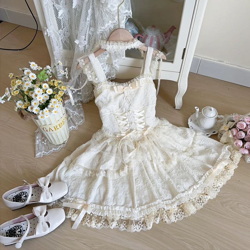 Hnewly Japanese Sweet Lolita Jsk Dress Women Elegant Ruffles Lace Bandage Princess Strap Dresses Girls Y2k Kawaii Tea Party Mini Dress