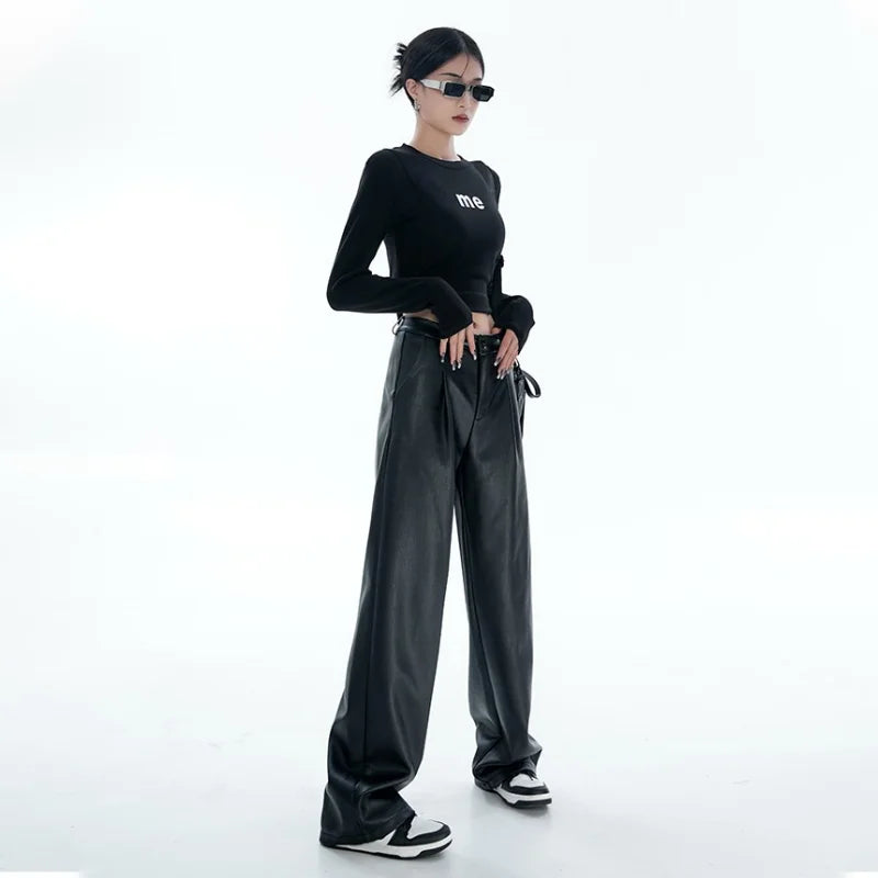 Hnewly Black PU Leather Pants Women Casual Korean Fashion Baggy High Waist Straight Wide Leg Pants Streetwear Y2K Vintage Goth Punk