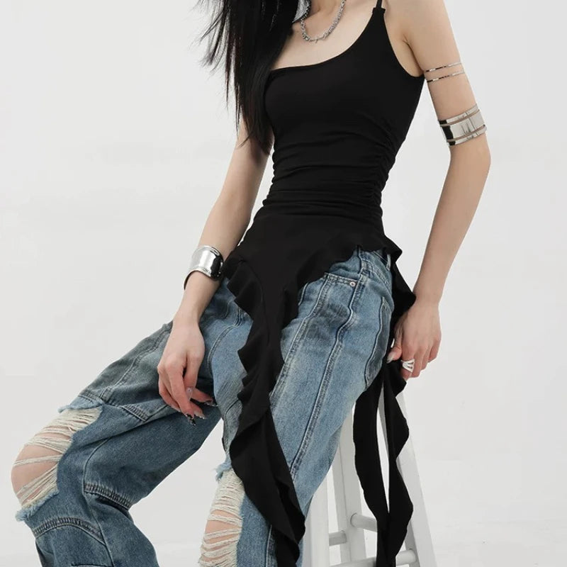 Hnewly Sexy Tank Top Asymmetrical Black Y2k Women Ruffle Grunge Backless Coquette Fashion Streetwear Tops Solid Aesthetics