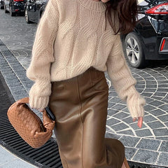 Hnewly Women Sweaters y2k Clothes Solid Color Round Neck Long Sleeve Cable Knitted Pullover Tops 2000s Clothing Streetwear