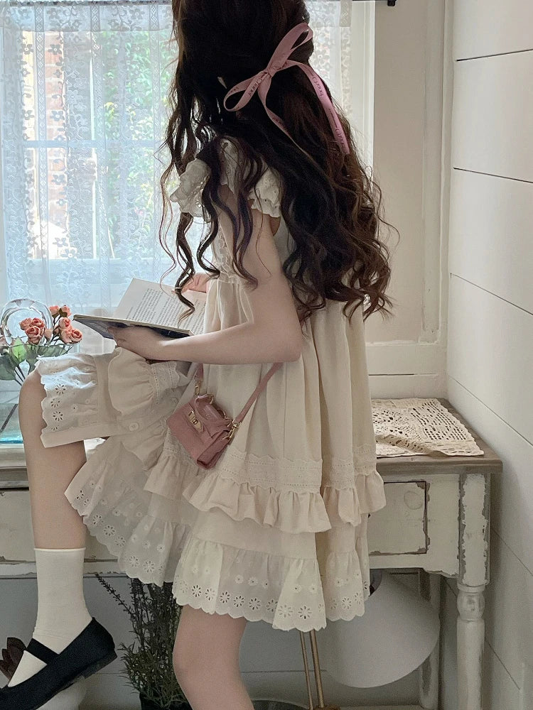 Hnewly Summer Lolita Kawaii Mini Dress Women Flying Sleeve Japanese Sweet Cute Dress Female Korean Style Ruched Fairy Dress