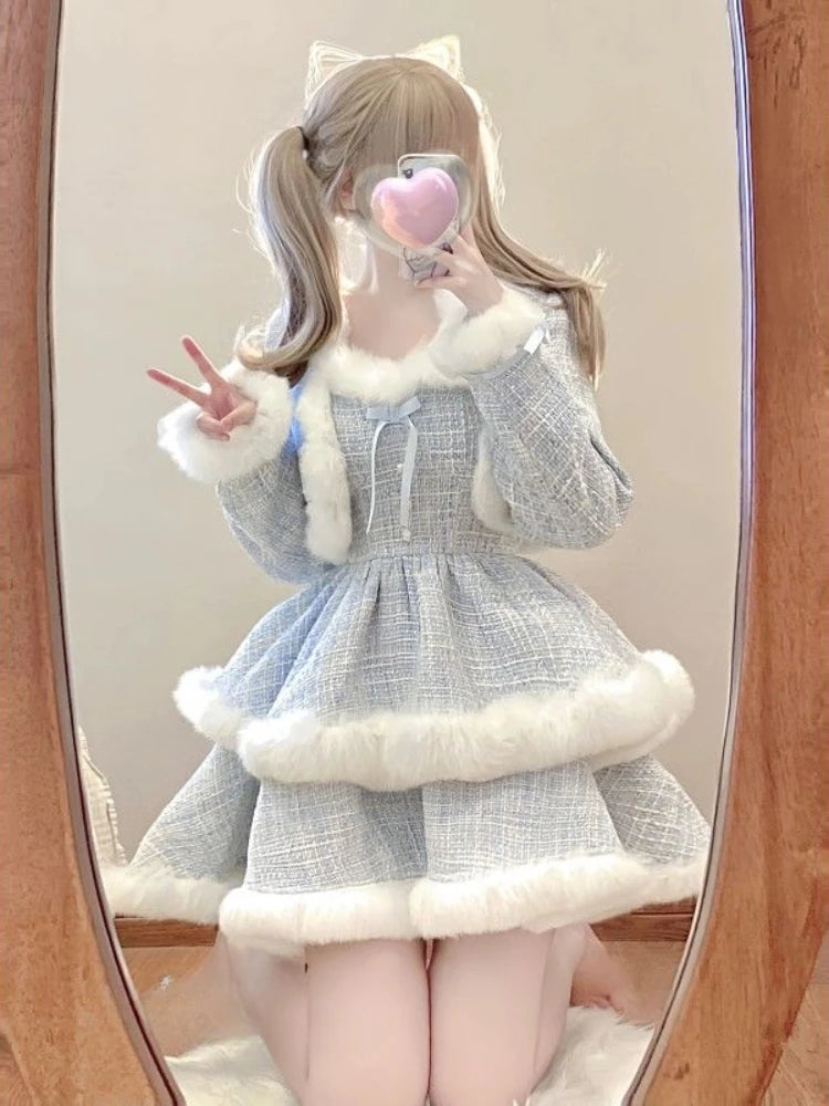 Hnewly Winter Kawaii Lolita 2 Piece Dress Set Sweet Short Coat Warm + Cute Fashion Y2k Mini Dress Party Japanese Style Suit Woman