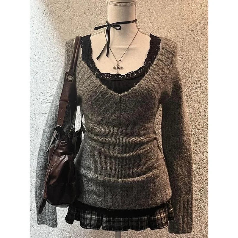 Hnewly Sexy Vintage V-neck Knitted Pullovers Women Early Y2k Grunge Sweaters Mujer Autumn Fashion Long Sleeve Pullovers Slim