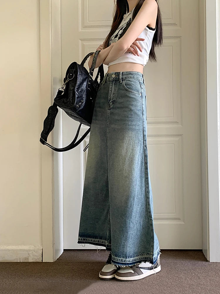 Hnewly Y2k Raw Edge Stitch Maxi Denim Skirt Plain Casual High Waist Long Jeans Skirt Korean Dongdaemun Retro Women Streetwear