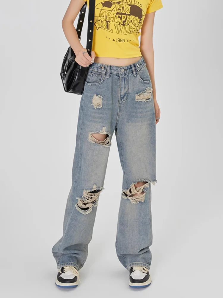 Hnewly Vintage Y2K Ripped Jeans Women Blue High Waist Straight Loose Denim Trousers Wide Leg Pants Streetwear Oversize