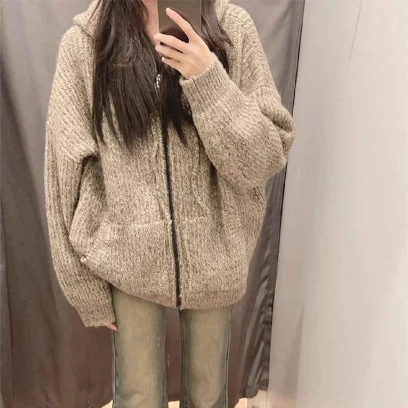 Hnewly Zipper Hooded Knitted Cardigan Women Harajuku Vintage Knitwear Preppy Style Solid Casual Warm Sweaters Coat Oversize