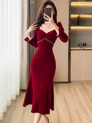 Hnewly Women Red Velvet Elegant Christmas Dress Autumn Winter Chic Diamonds Square Collar Luxury Dress Korean Vintage Night Dress