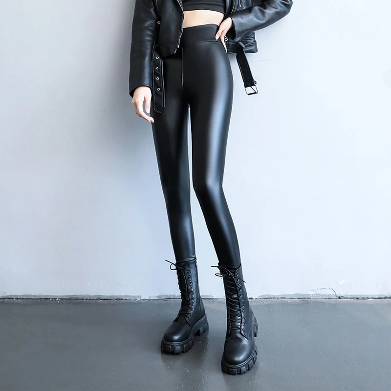 Hnewly Autumn Winter Black Fleece Matte Leather PU Leggings Women's High Waist Elasticity Lift Buttock Trousers Skinny Legging Pants