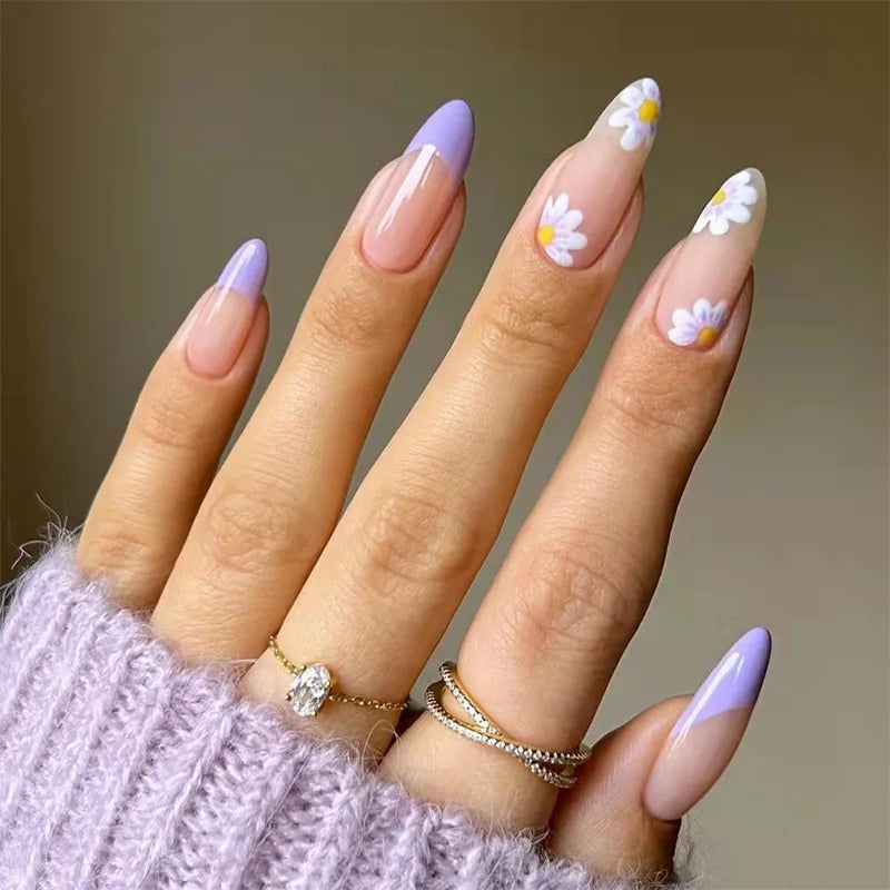 Hnewly 24Pcs Detachable Almond False Nails with Pearl Decoration Elegant Designs French Fake Nails Full Nail Art Tips Press On Nails