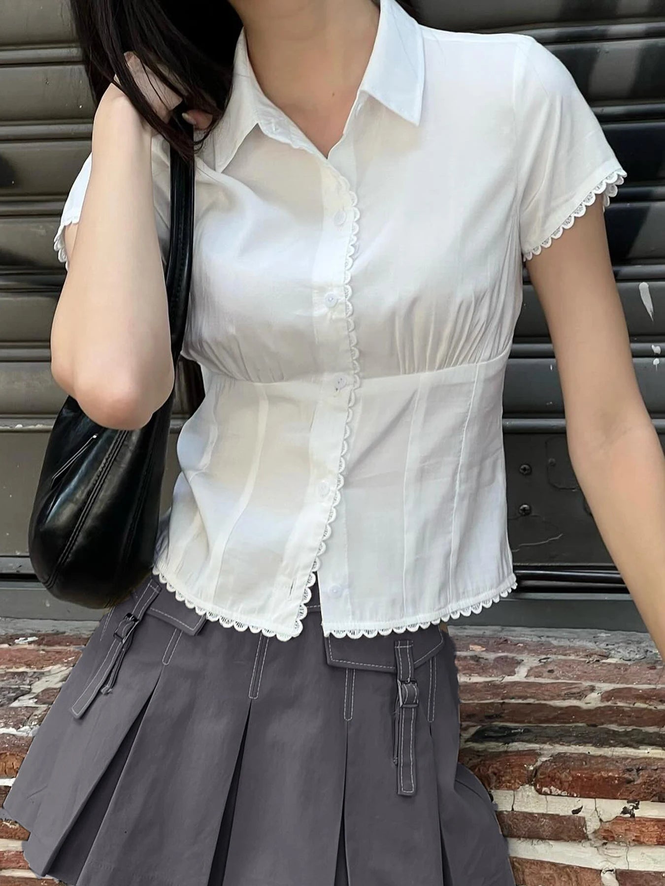 Hnewly Style Casual Solid Lace Trim Blouse Slim Turn Down Collar Short Sleeve Shirts Women 2024 Summer Fashion Ladies