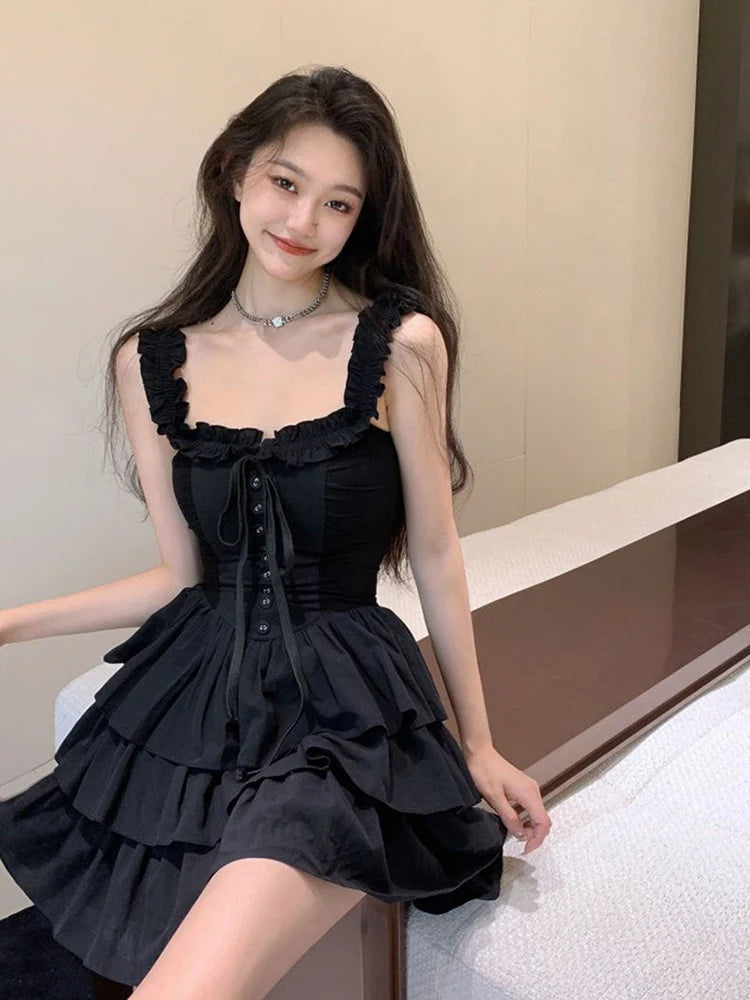 Hnewly Sexy Slip Lolita Style Black Dress Women Vintage Sleeveless Y2K Mini Dress Summer Slim Sweet Korean Lace Up Cake Dress New