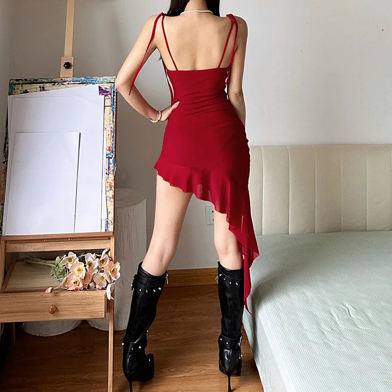 Hnewly DRESS TO IMPRESS New Retro Summer Sexy Spicy Girl Thai Dress Fashion Irregular Niche Design Women Group Ruffled Edge Red Ribbon Mini Dresses