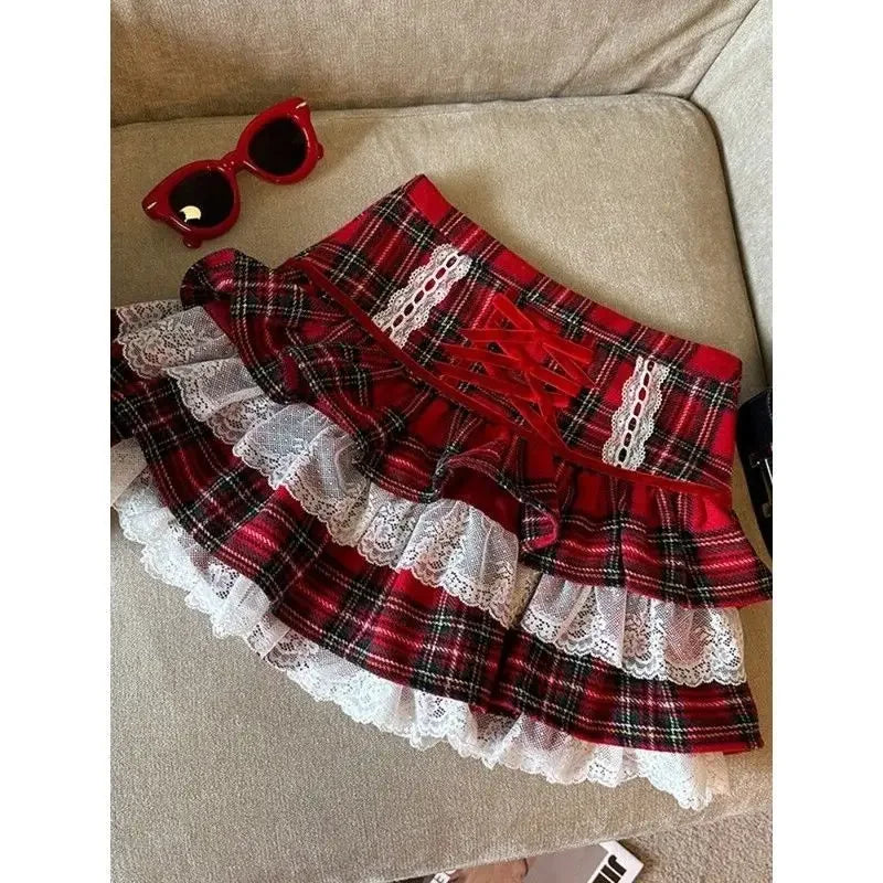 Hnewly Kawaii Ruffle Lace Plaid Skirts Women Sweet Elegant Mini Skirt Cutecore Autumn Winter Patchwork A-line Short Skirts