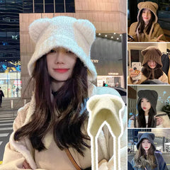 Hnewly Cute Girl Knit Ear Protection Hat Bear Women Earmuffs Cap Woolen Crochet Bonnet Solid Color Hood Beanies Winter Warm Headgear