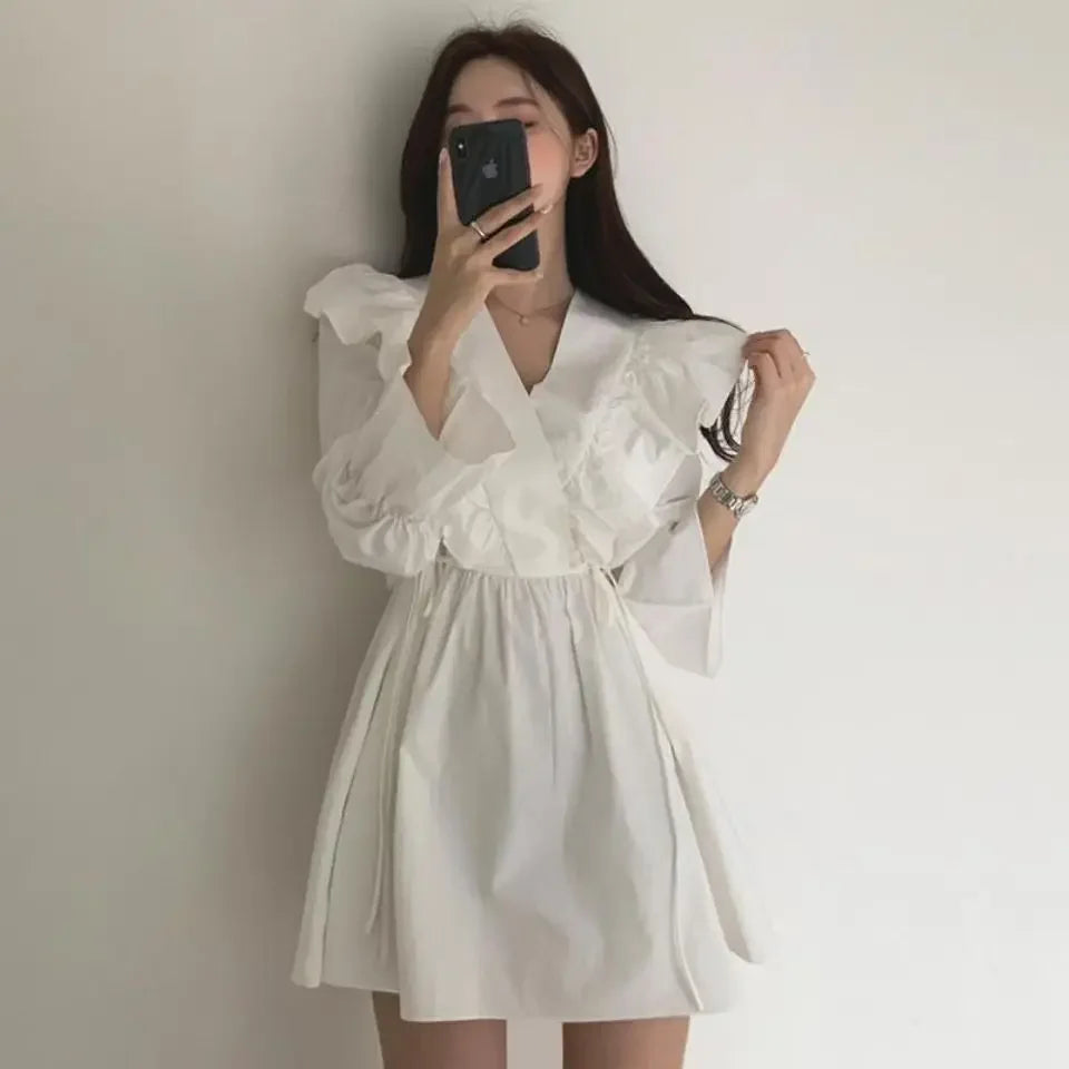 Hnewly Dresses for Women Spring Short Mini Clothes Ruffle Woman Dress Long Sleeve Outfits Summer Cheap Casual Retro