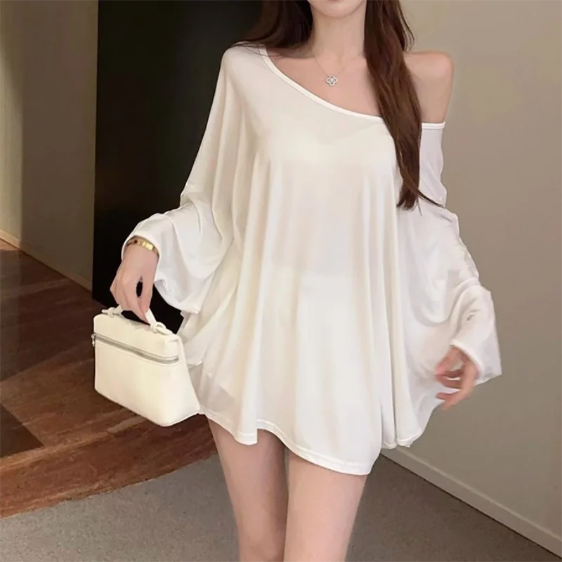 Hnewly Solid Oversized T-shirt for Women's Casual Loose Top Fashion Bat Sleeves Simple Sexy Off Shoulder Korean Baggy T shirts Autumn