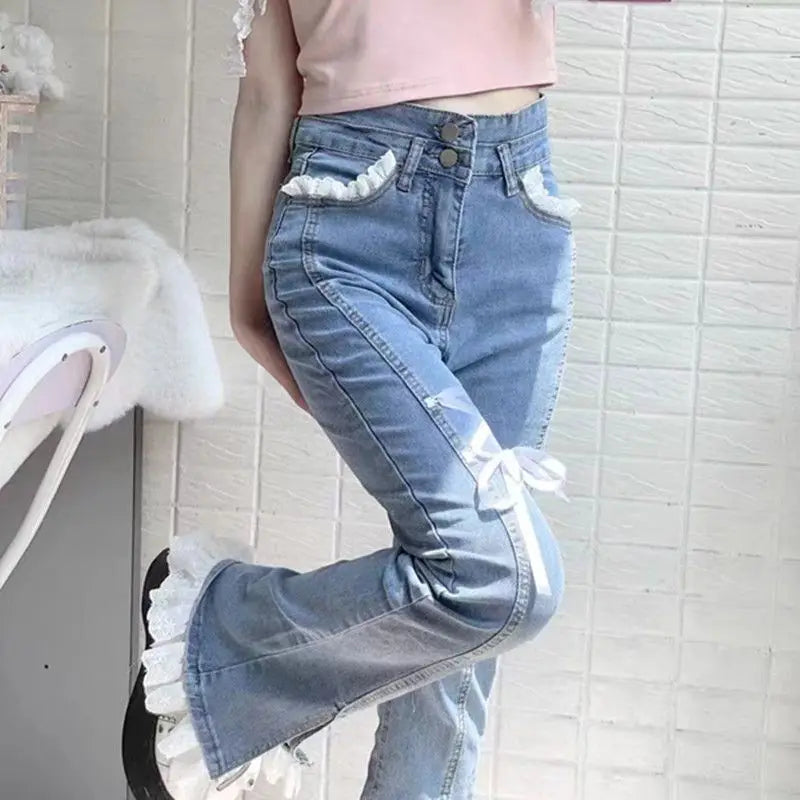 Sweet Spice Girl Little Lace Strap Jeans Spring Summer New Ins Slim Elastic Split Horn Wide-leg Denim Pantalones High Waist Pant