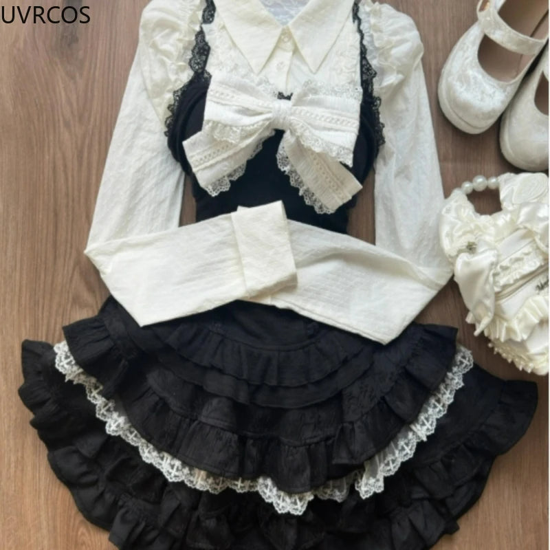 Hnewly Y2k Aesthetic Lolita Style 3 Piece Set Women Kawaii White Shirt Bow Lace Vest Ruffle Mini Skirts Japan Fashion Gothic Skirt Suit