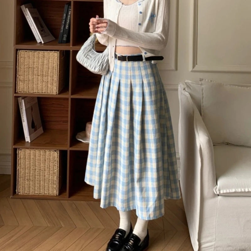 Hnewly Preppy Style Plaid Long Skirt Women Sweet Elegant Vintage Pleated Skirt High Waist Autumn Winter Retro A-line Skirts