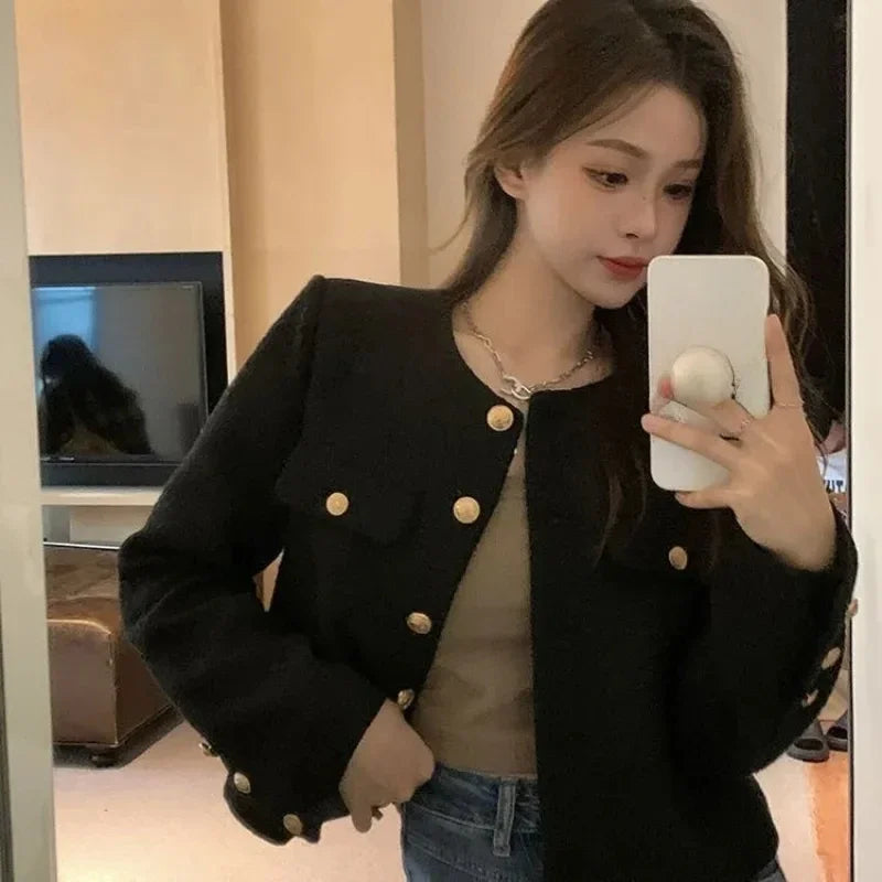 Hnewly outfit inspo winter Wool Coat Women Jacket Short Autumn Winter Cardigan Long Sleeve Top Single Breasted Tweed Versatile Wool Top Full Sleeve