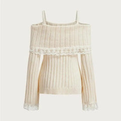 Hnewly Coquette Off Shoulder Sweaters Women Sweet Kawaii Lace Knitted Long Sleeve Pullovers Solid Cute Sweaters Aesthetics