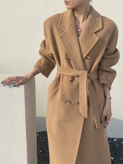 Hnewly High-end Double-sided Cashmere Coat Women Mid-length New Fashion Thick Double-breasted Long Sleeve Woolen Coat Fit Autumn Winter