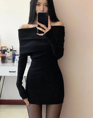 Hnewly Christmas Oufits Sexy Dresses Women Backless Knitting Slim Y2k Girls Tender Korean Style Soft Casual Autumn Slash Neck Hotsweet Cozy New Clubwear