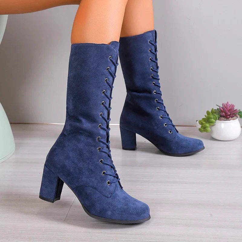 Hnewly New Women Shoes Lace Up Mid-Calf Womens Boots Autumn Winter Thick Heel Solid Flock Ladies Boots Large Size 43 Fashion Boots