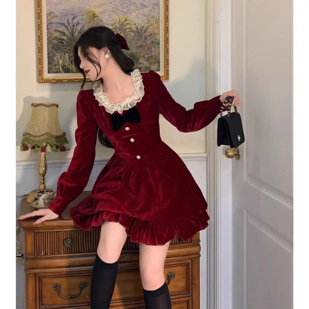 Hnewly New Year Dress Gagarich Fashion Red Velvet Dress Princess Style Palace Retro French Temperament Slimming Birthday Autumn Winter Women Vestidos